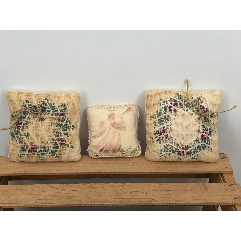 Vintage Primitive Christmas Small Pillows Set of 3 Wreath Angel Rustic Decor